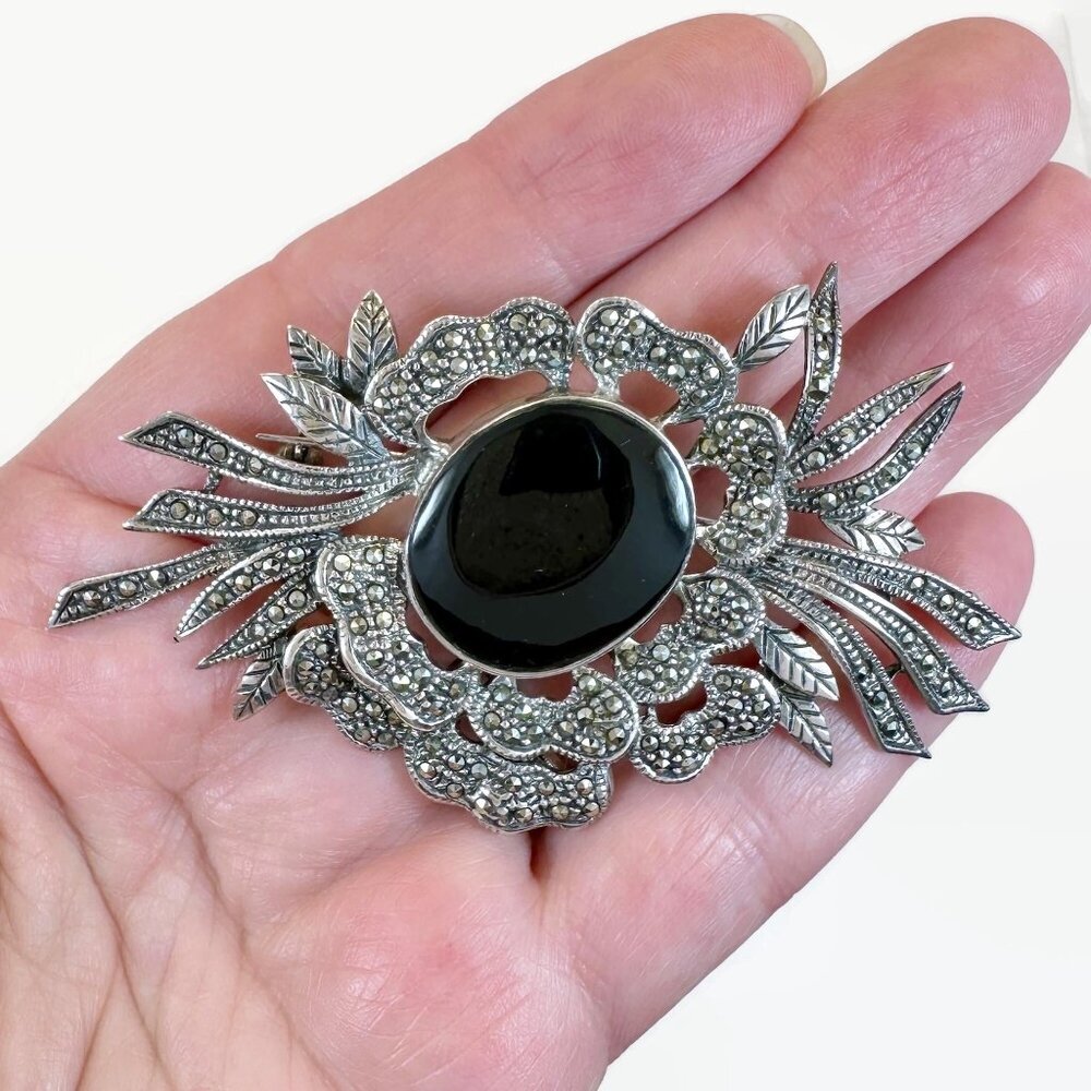 Vintage Sterling Silver Marcasite Onyx Brooch, English Art Nouveau Flower Style